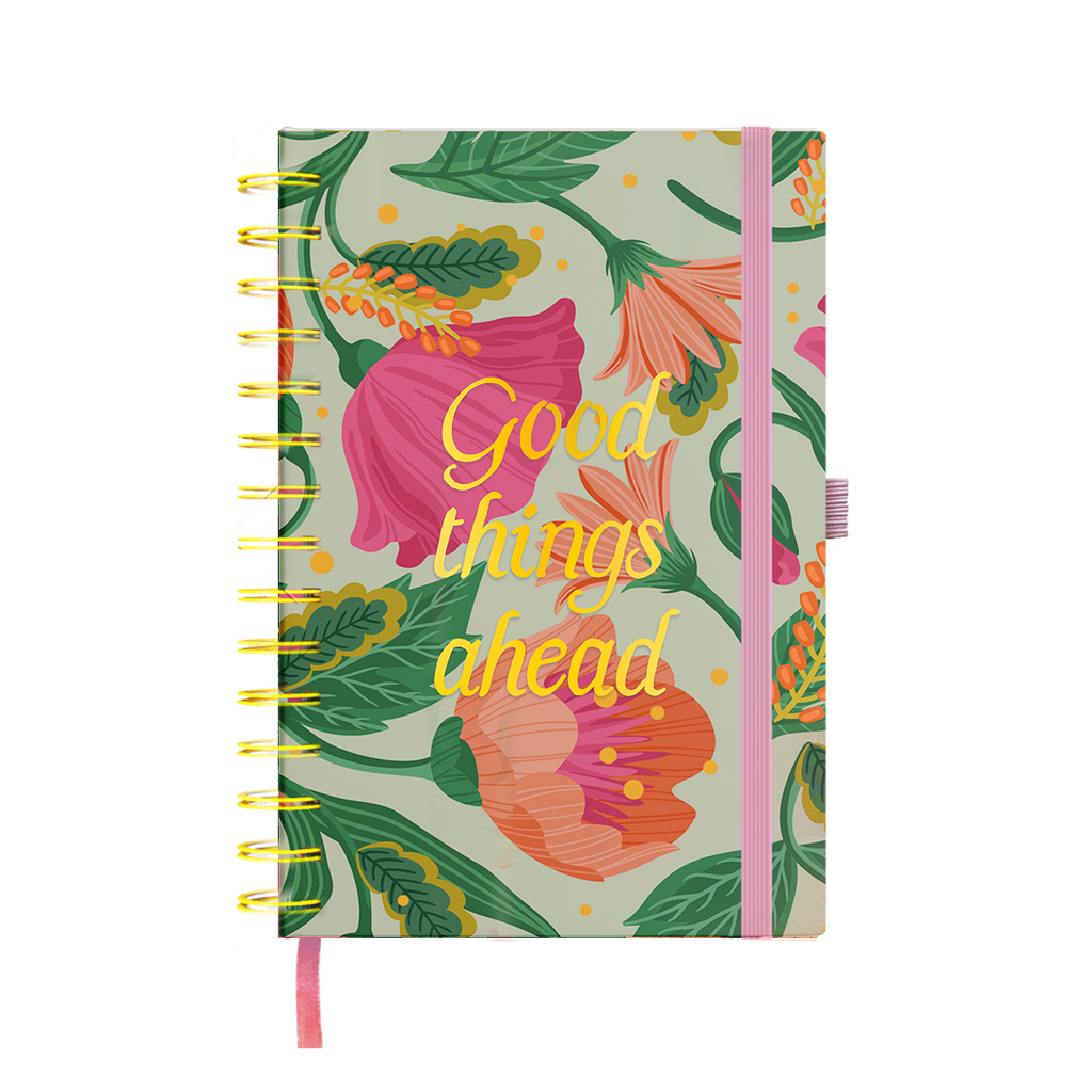 Spiral-bound undated planner with beautiful flowers