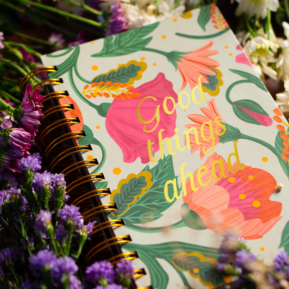Colorful floral design adorns this wire-bound planner.